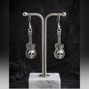 Silver Skull Guitar Earrings